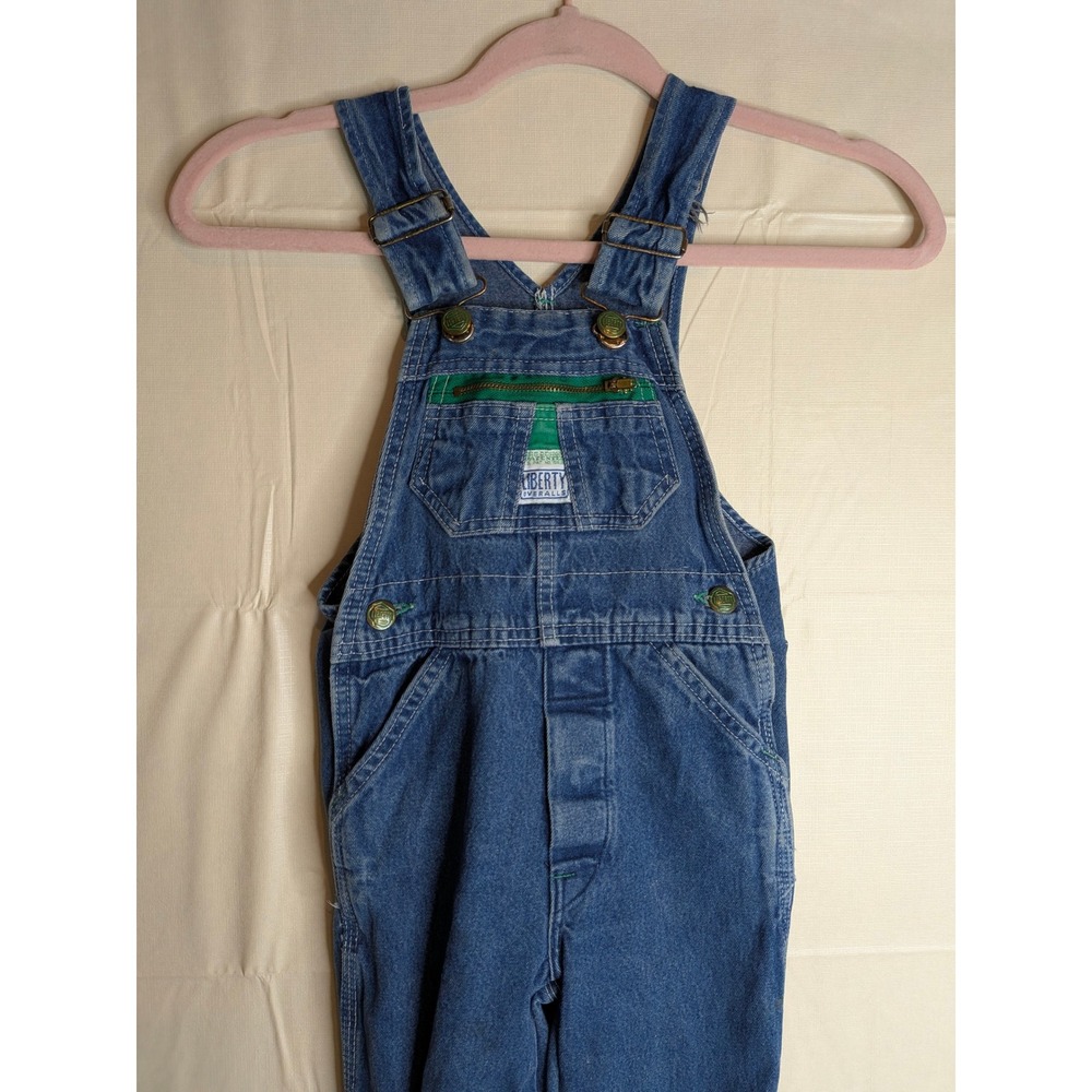 Vintage Liberty Kids Denim Overalls Size 5 Bibs Green Zipper Regular Dungarees